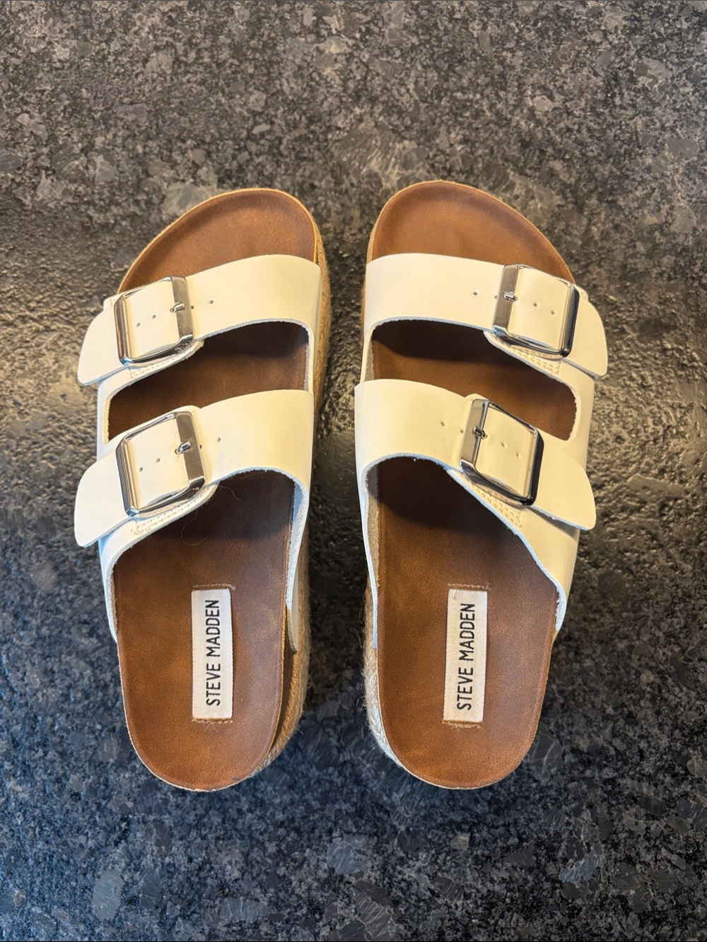 Steve Madden White Double Buckle Slides with Tan Footbed